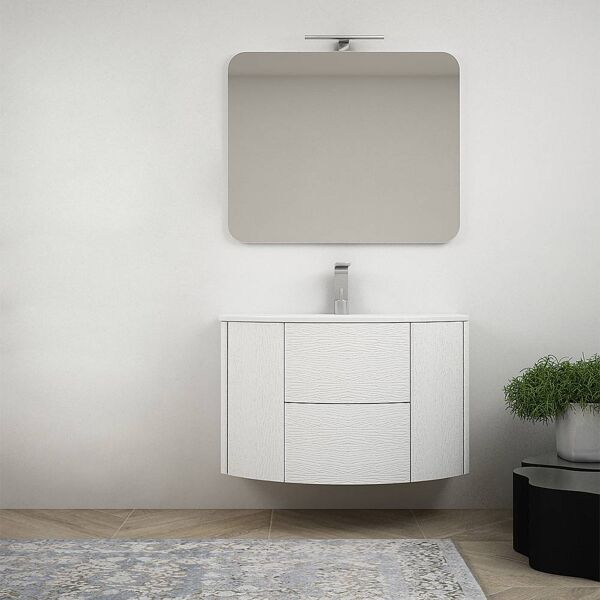 bh mobile da bagno bianco frassino sospeso moderno 90 cm con specchiera e cassettoni soft close