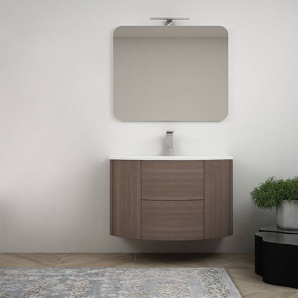 bh mobile bagno rovere scuro sospeso 90 cm con specchio lampada led e cassettoni soft close