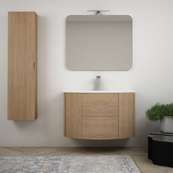 bh mobile bagno sospeso 90 cm rovere tabacco con 2 cassettoni soft close specchio applique led e colonna