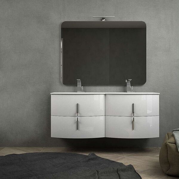 bh mobile bagno doppio lavabo bianco lucido sospeso 140 cm con chiusure soft close e specchio applique led
