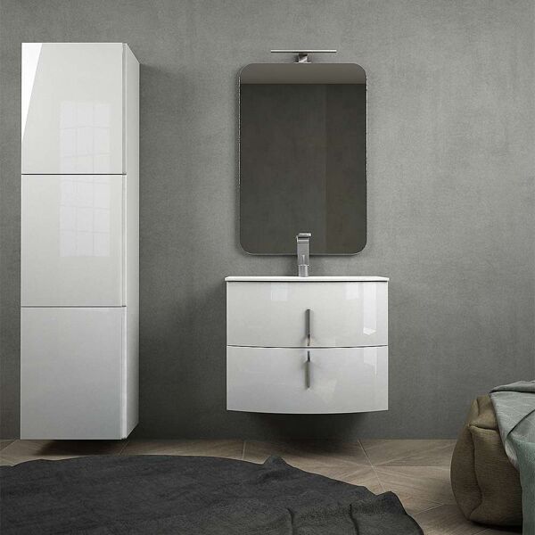 bh mobile bagno bianco lucido 70 cm sospeso con chiusure soft close specchio applique led e colonna 170 cm