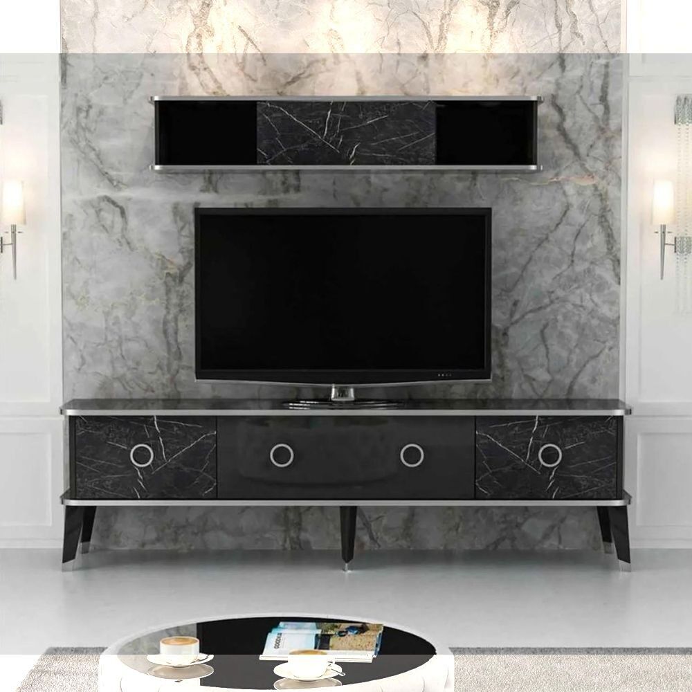 Toscohome Mobile porta tv 180 cm con pensile effetto marmo nero e particolari argento - Bientv 180