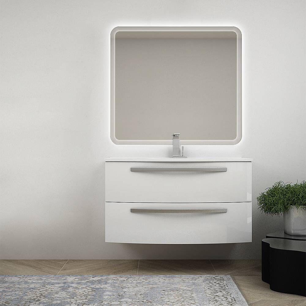 BH Mobile bagno bianco lucido sospeso 100 cm specchio retroilluminato LED e lavabo in ceramica Mod. Berlino