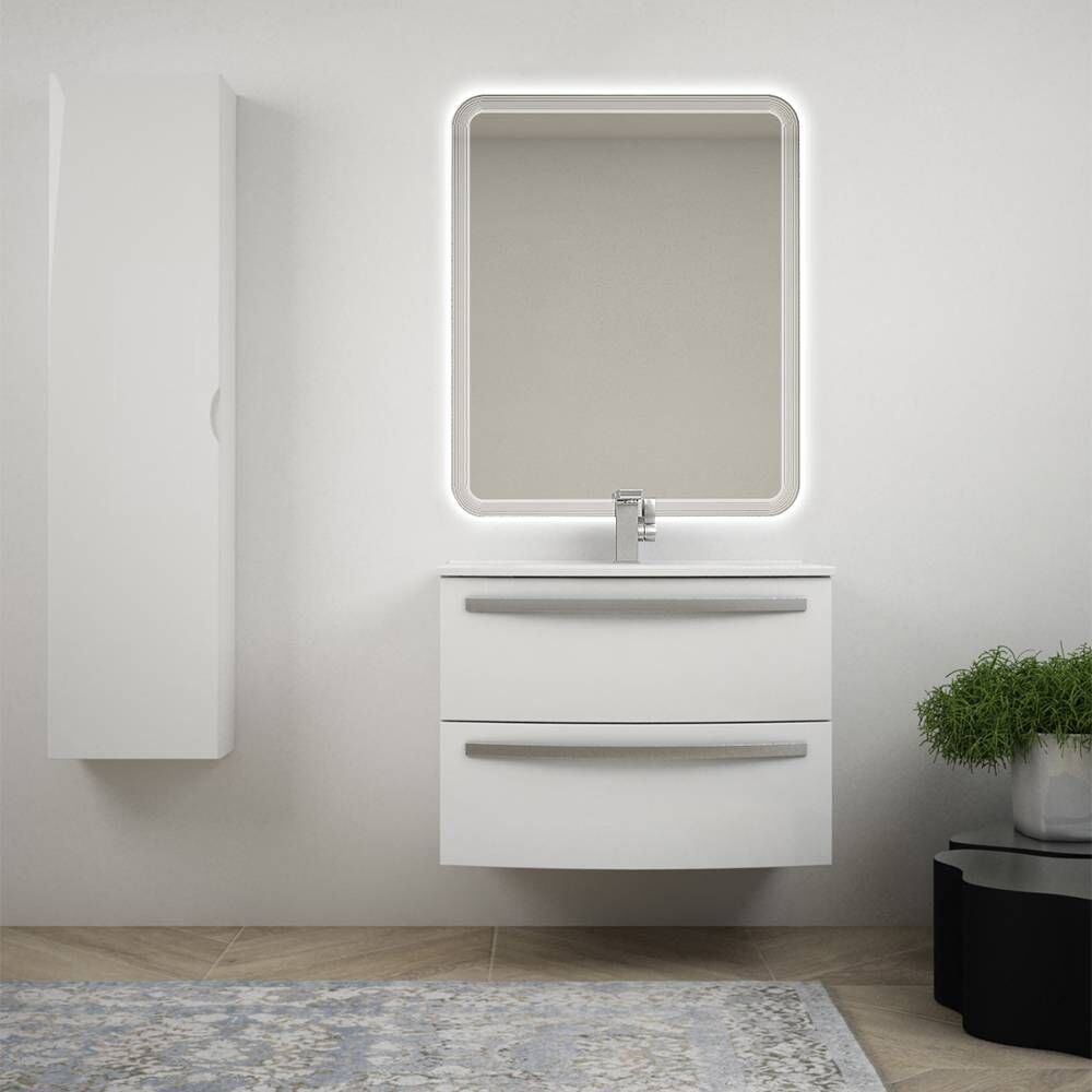 BH Mobile bagno sospeso curvo 75 cm bianco lucido in lavabo ceramica colonna 140 cm e specchio LED Mod. Berlino