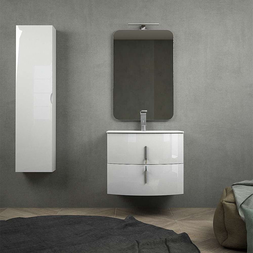 BH Composizione bagno bianco lucido sospesa 70 cm con cassettoni soft close specchio applique LED e colonna 140 cm