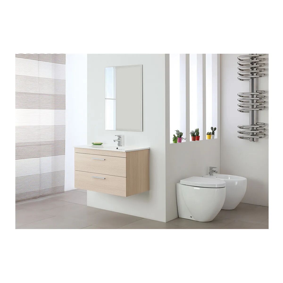 Mobile 2 Cassetti Larice Lavabo In Ceramica Con Specchio 81x50,5x45 (Lxhxp)