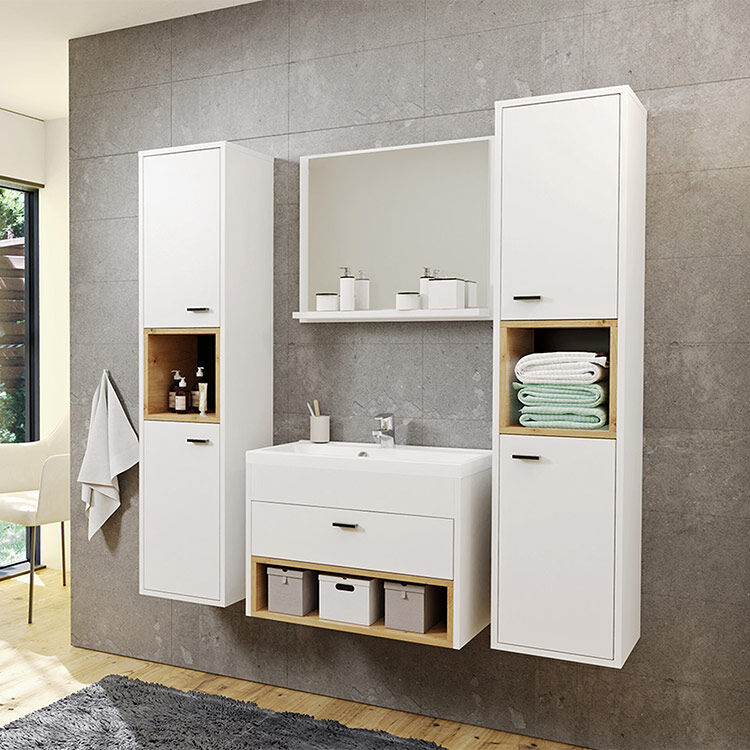 garneroarredamenti Mobile bagno sospeso 2 pensili moderno 140x133cm bianco rovere Florentina