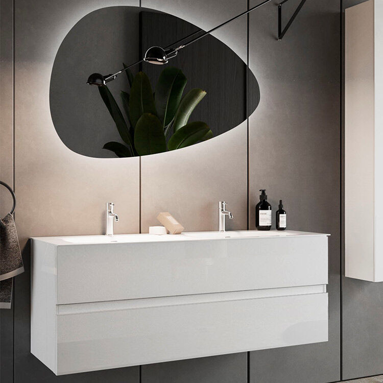 garneroarredamenti Mobile bagno sospeso 120x121cm con doppio lavabo e specchio bianco lucido Moon