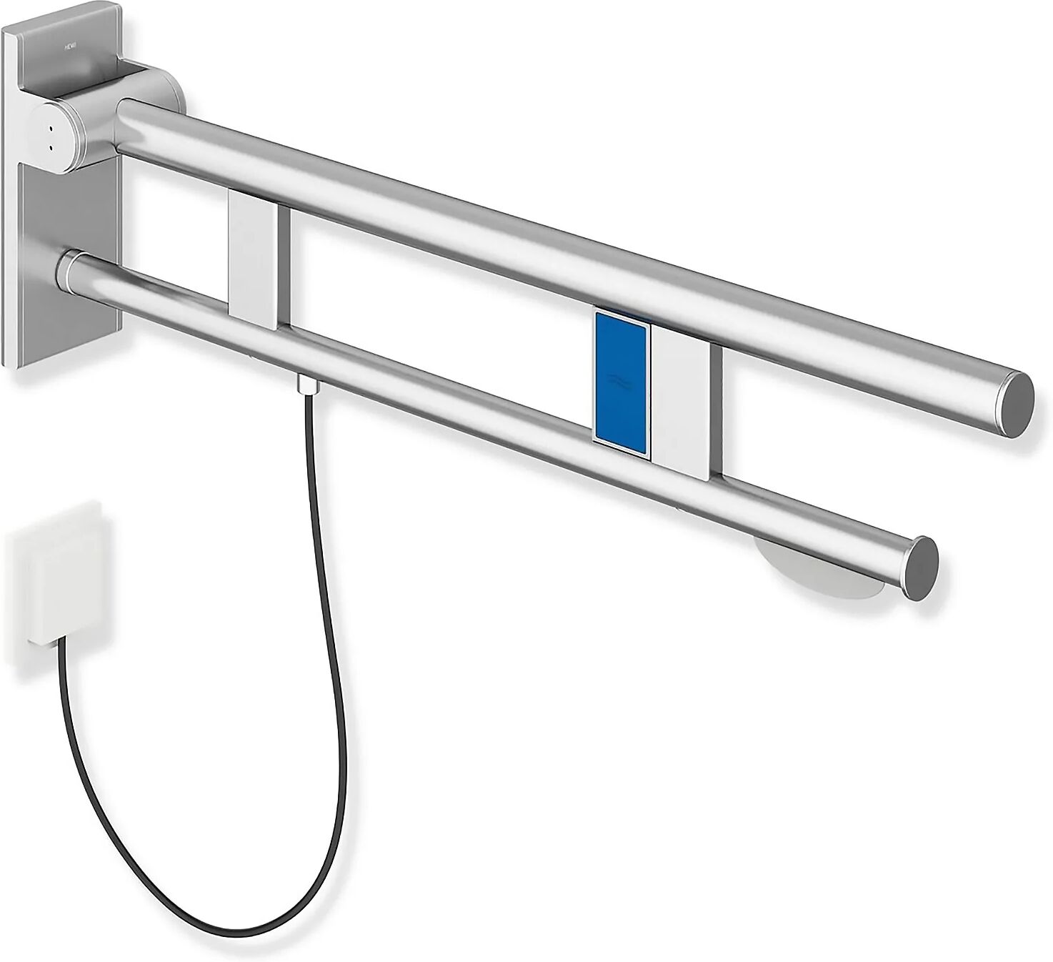 HEWI System 900 Stützklappgriff Duo Design A mit WC-Papierhalter und Spülauslösung (E-Ausfhrg.), li. 90 cm  Ausladung 90 cm, links