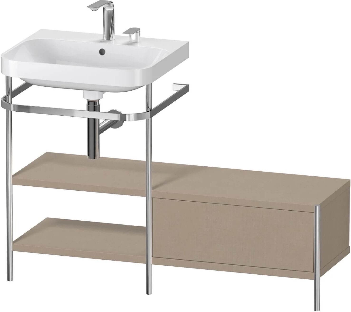 Duravit Happy D.2 Plus Möbelwaschtisch 120 x 49 cm c-shaped, mit 2 Hahnlöchern mit Metallkonsole bodenstehend, Anbau rechts und 1 Schubkasten