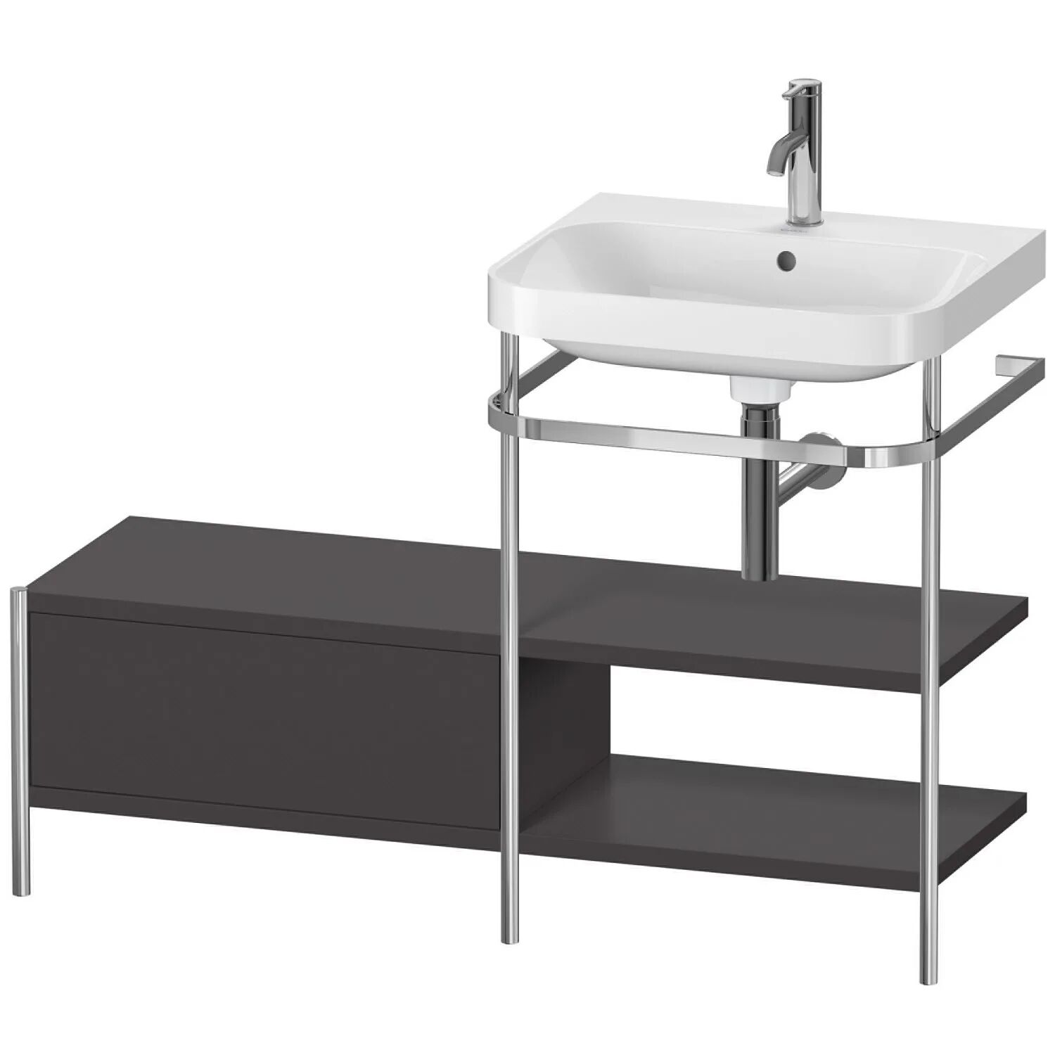 Duravit Happy D.2 Plus Möbelwaschtisch 120 x 49 cm c-shaped, mit 1 Hahnloch mit Metallkonsole bodenstehend, Anbau links und 1 Schubkasten