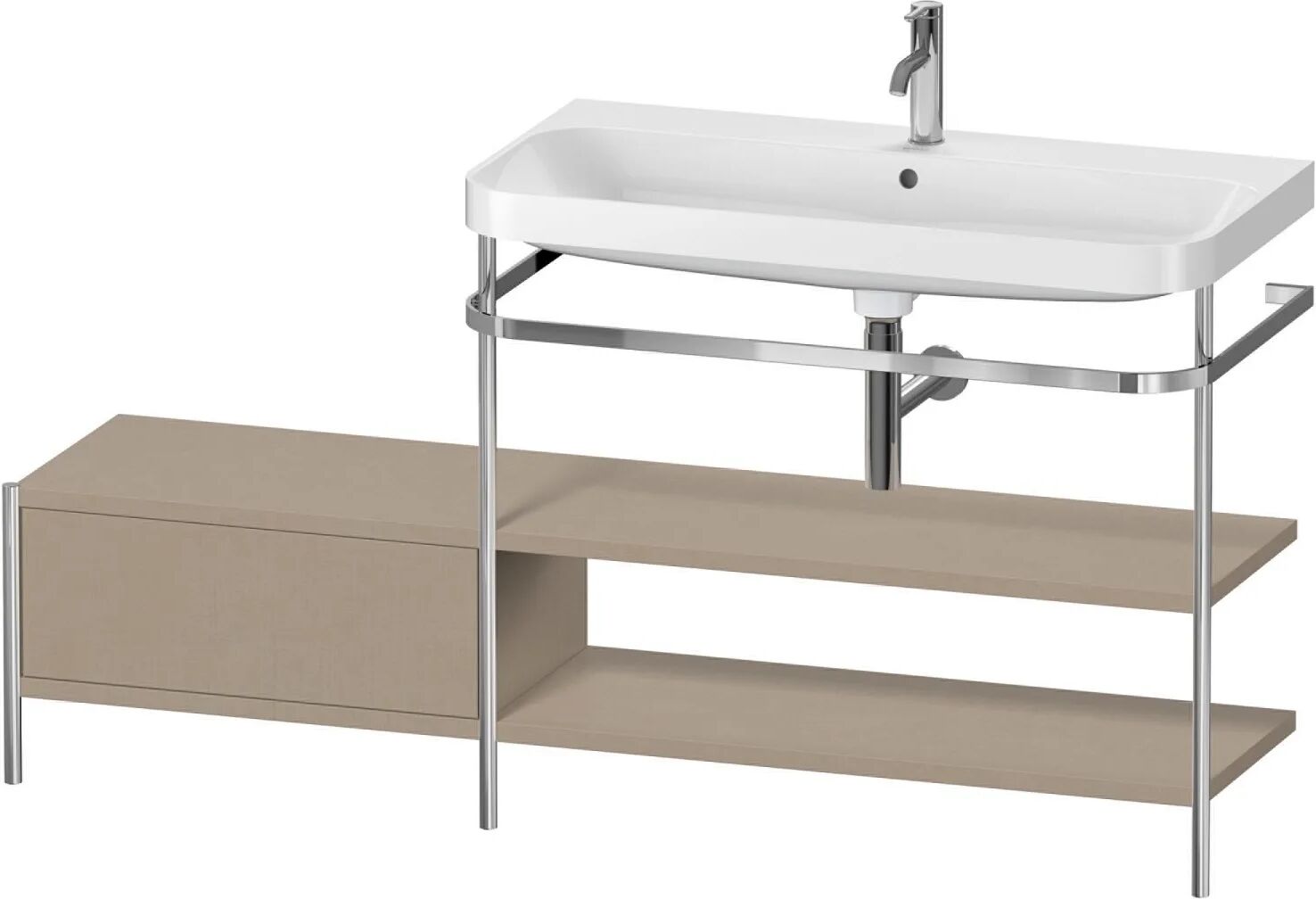 Duravit Happy D.2 Plus Möbelwaschtisch 160 x 49 cm c-shaped, mit 1 Hahnloch mit Metallkonsole bodenstehend, Anbau links und 1 Schubkasten