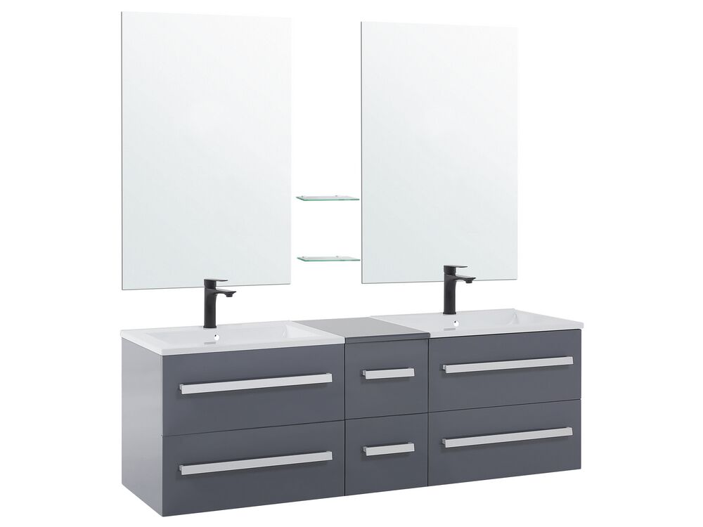 Beliani Badrumsmöbler väggskåp 2 spegel 2 tvättställ och glashylla grå MADRID