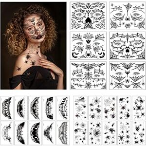 TaimeiMao 26 Feuilles Halloween Tatouages Temporaire Pour Visage,Autocollant de Tatouage d'araignée,Tatouages de Crâne de Sucre de Jour des Morts pour Maquillage de Fête D'Halloween Enfants Adultes - Publicité