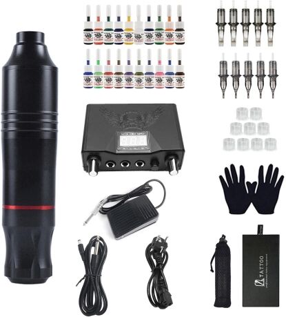 TOMTOP Tattoo Kit Rotary Tattoo Machine Stylo Aiguilles Encres Tattoo Alimentation Pied de tatouage pour débutants