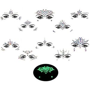 LaMure 10 Pieces Noctilucent Face Gems Luminous Mermaid Face Crystal Rhinestones Gems Stickers Temporary Tattoo Stickers for Halloween Cosplay Party, Rave Festival