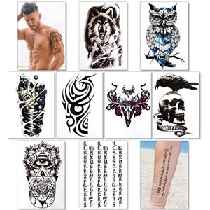 Sovereign-Gear 8 Sheets Temporary Transfer Tattoos Transfers For Guys Men Boys & Teens - Fake Stickers For Arms Shoulders Chest Back Legs Tribal Cyborg Skull Owl Wolf Tattoo For Halloween - Realistic Waterproof