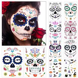 Kiiwah 10 Sheets Halloween Face Temporary Tattoos, Day of the Dead Sugar Skull Skeleton Face Tattoos for Women Men Adult Kids