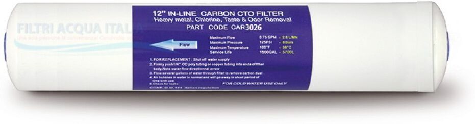 Filtro In Linea A Carbone Attivo Car3026 12 Pollici Micron 5 Attacco 1/4" Filtri Acqua Italia®