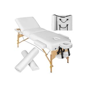 TECTAKE Ensemble de table de massage à 3 zones Somwang avec rembourrage de 7,5 cm d'épaisseur, rouleaux et cadre en bois - blanc - Publicité