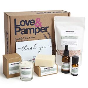 Love and Pamper Love & Pamper BREATHE EASY - Aromatherapy Pamper Gift Set For Women, Eucalyptus Peppermint Rosemary Orange Thyme Essential Oil,Massage Oil,Himalayan Bath Salt,Soy Wax Candle,Triple Milled Soap