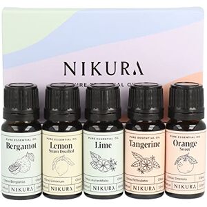 Nikura Citrus Selection Essential Oil Gift Set - 5 x 10ml Essential Oils for Diffusers for Home, Aromatherapy, Candle Making, Soap Making Bergamot, Lemon, Lime, Sweet Orange 100% Pure & Natural