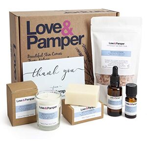 Love and Pamper Love & Pamper MEDITATION - Aromatherapy Pamper Gift Set For Women,Blend of Ho Wood Oil Ylang Ylang Bergamot & Clary Sage Essential Oil,Massage Oil,Himalayan Bath Salt,Soy Wax Candle,Triple Milled Soap