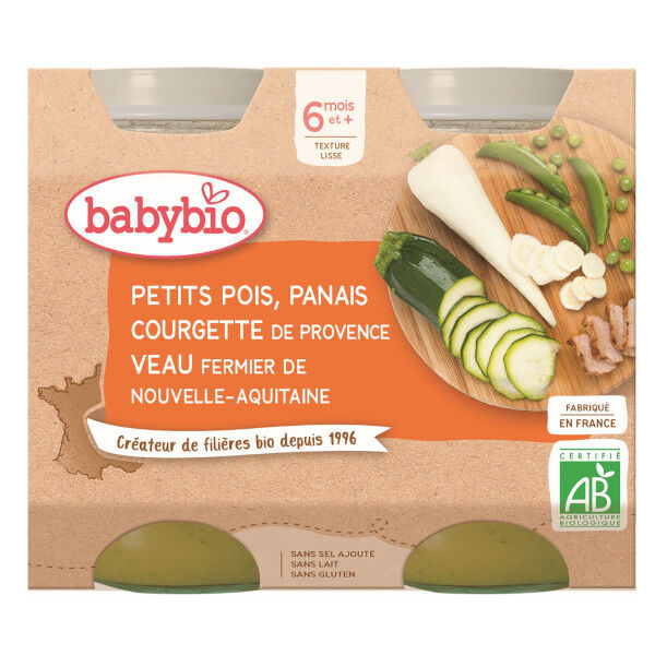 Babybio Repas Midi Pot Petits Pois Panais Courgette Veau +6m Bio 2 x 200g