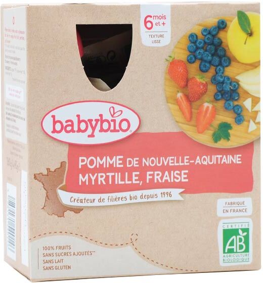 Babybio Fruits Gourde Pomme Myrtille Fraise +6m Bio 4 x 90g