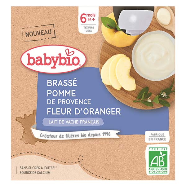 Babybio Desserts Lactés Gourde Brassé Lait de Vache Pomme de Provence Fleur d'Oranger +6m Bio 4 x 85g