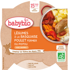 Babybio Repas Midi Assiette Légumes à la Basquaise Poulet Riz +15m Bio 260g - Publicité