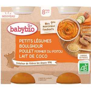 Babybio Petits Légumes Boulghour Poulet Fermier Lait de Coco Bio 2 x 200g - Publicité