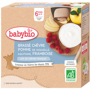 Babybio Desserts Lactés Gourde Brassé Lait de Chèvre Pomme Framboise +6m Bio 4 x 85g - Publicité