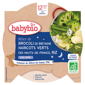 Babybio Repas Soir Assiette Brocoli Haricots Verts Riz +12m Bio 230g - Publicité