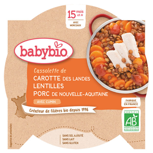 Babybio Repas Midi Assiette Carotte Lentilles Porc +15m Bio 260g - Publicité
