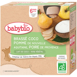 Babybio Desserts Végétaux Gourde Brassé Lait de Coco Pomme Poire +6m Bio 4 x 85g - Publicité