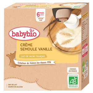 Babybio Desserts Lactés Gourde Crème Semoule Vanille +6m Bio 4 x 85g - Publicité
