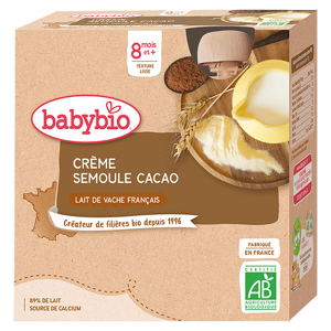 Babybio Desserts Lactés Gourde Crème Semoule Cacao +8m Bio 4 x 85g - Publicité