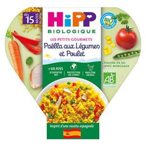Hipp Bio Les Petits Gourmets Assiette Paëlla aux Légumes et Poulet +15m Bio 250g - Publicité
