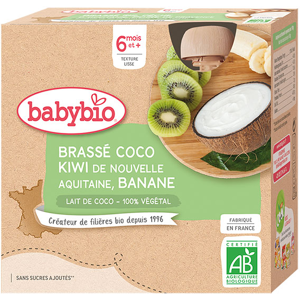 Babybio Desserts Végétaux Gourde Brassé Lait de Coco Kiwi Banane +6m Bio 4 x 85g - Publicité