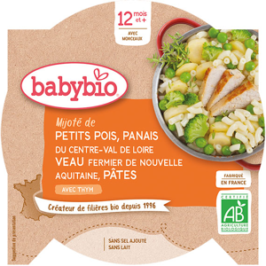 Babybio Repas Midi Assiette Petits Pois Panais Veau Pâtes +12m Bio 230g - Publicité