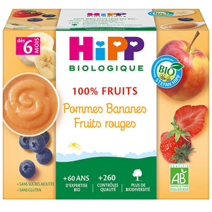 Hipp Bio 100% Fruits Coupelle Pommes Bananes Fruits Rouges +6m 4 x 100g - Publicité