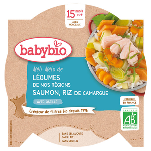 Babybio Repas Midi Assiette Légumes Saumon Riz +15m Bio 260g - Publicité
