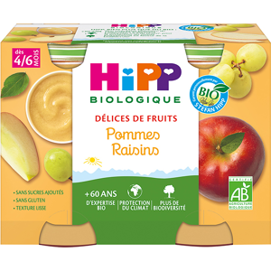 Hipp Bio Délices de Fruits Pot Pommes Raisins +4m 2 x 190g - Publicité