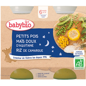 Babybio Repas Soir Pot Petits Pois Maïs Riz +6m Bio 2 x 200g - Publicité