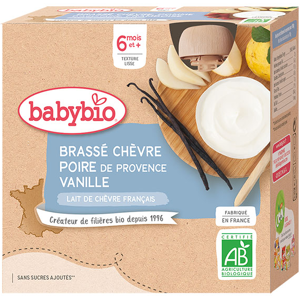 Babybio Desserts Lactés Gourde Brassé Lait de Chèvre Poire Vanille +6m Bio 4 x 85g - Publicité