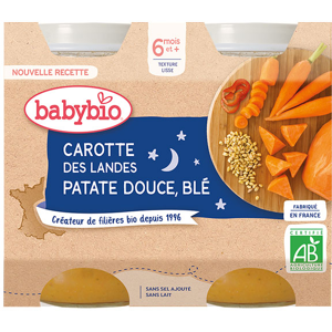 Babybio Repas Soir Pot Carotte Patate Douce Blé +6m Bio 2 x 200g - Publicité