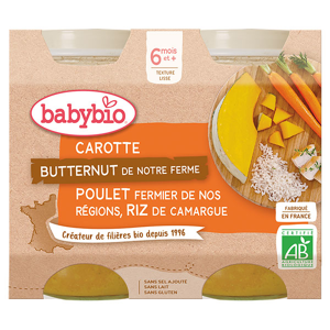 Babybio Petits Pots Midi Carotte Butternut Poulet Riz +6m Bio 2 x 200g - Publicité