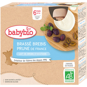 Babybio Desserts Lactés Gourde Brassé Lait de Brebis Prune +6m Bio 4 x 85g - Publicité