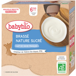 Babybio Desserts Lactés Gourde Brassé Nature Sucré +6m Bio 4 x 85g - Publicité